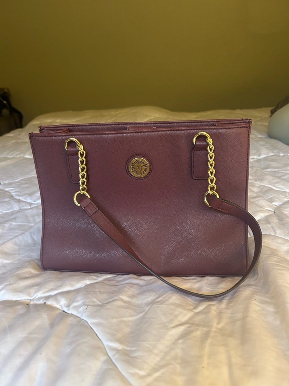 Anne Klein Burgundy Saffiano Leather Shoulder Bag with Gold Chain